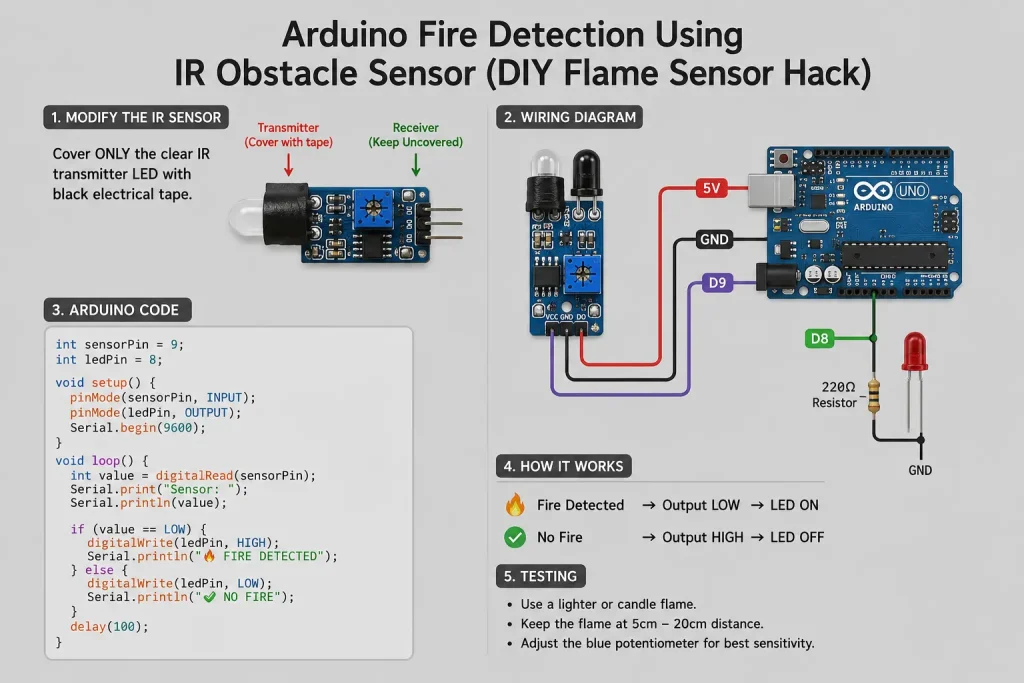 Arduino Fire Detection Using IR Obstacle Sensor