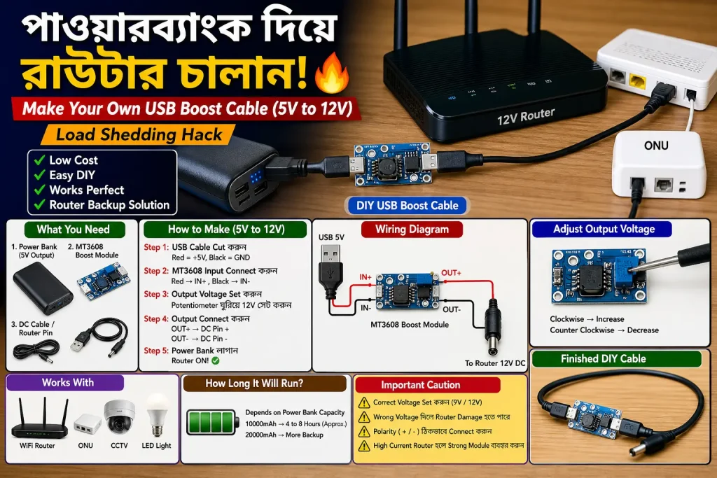 Powerbank to Router UPS | Learn how to run your WiFi router using a power bank with USB boost cable. Full Bangla DIY guide using MT3608 boost converter (5V to 12V).
